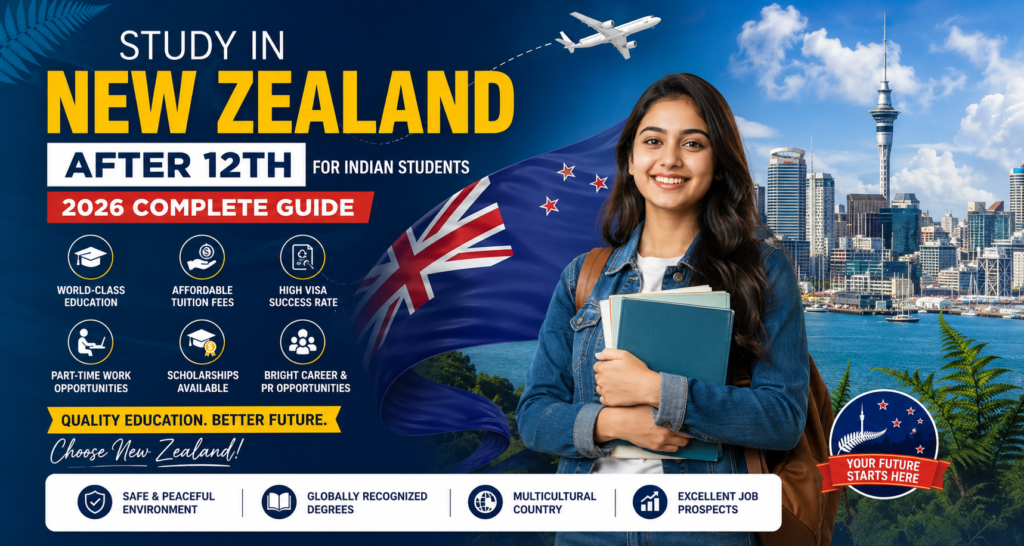 Study in New Zealand after 12th for Indian students 2026 complete guide with student, New Zealand flag, scholarships, IELTS, and career opportunities