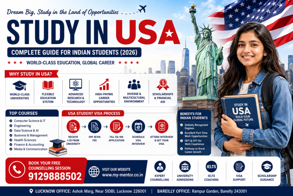 Study in USA for Indian students 2026 with scholarships, IELTS, student visa, and top university guidance