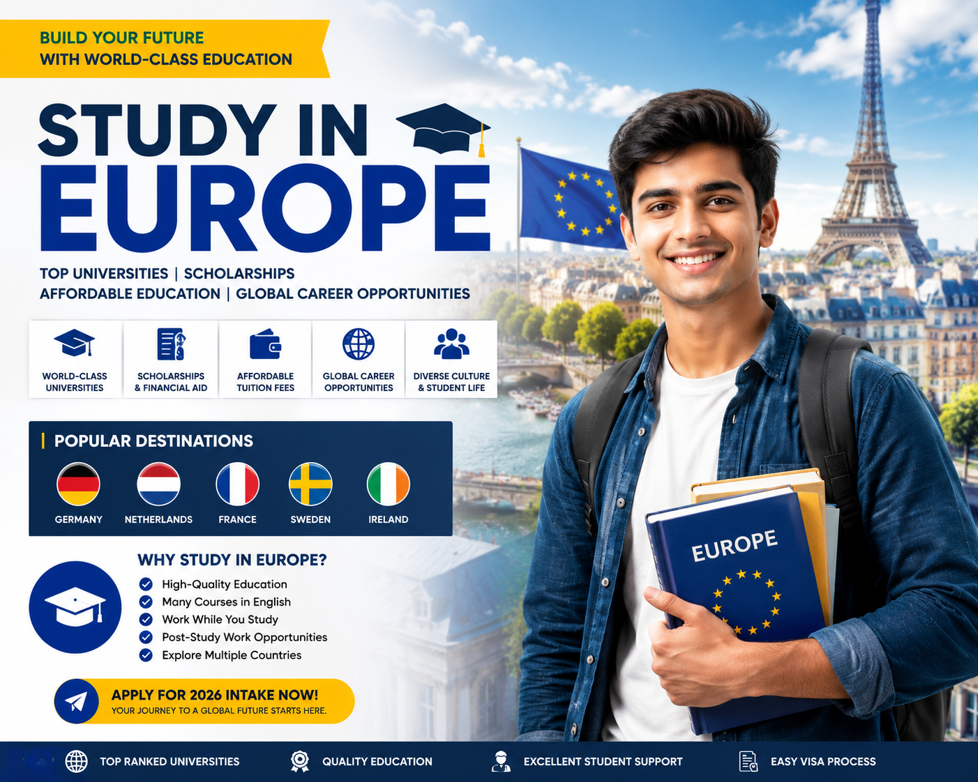 Study in Europe for Indian students with top universities, scholarships, affordable education, and global career opportunities in 2026