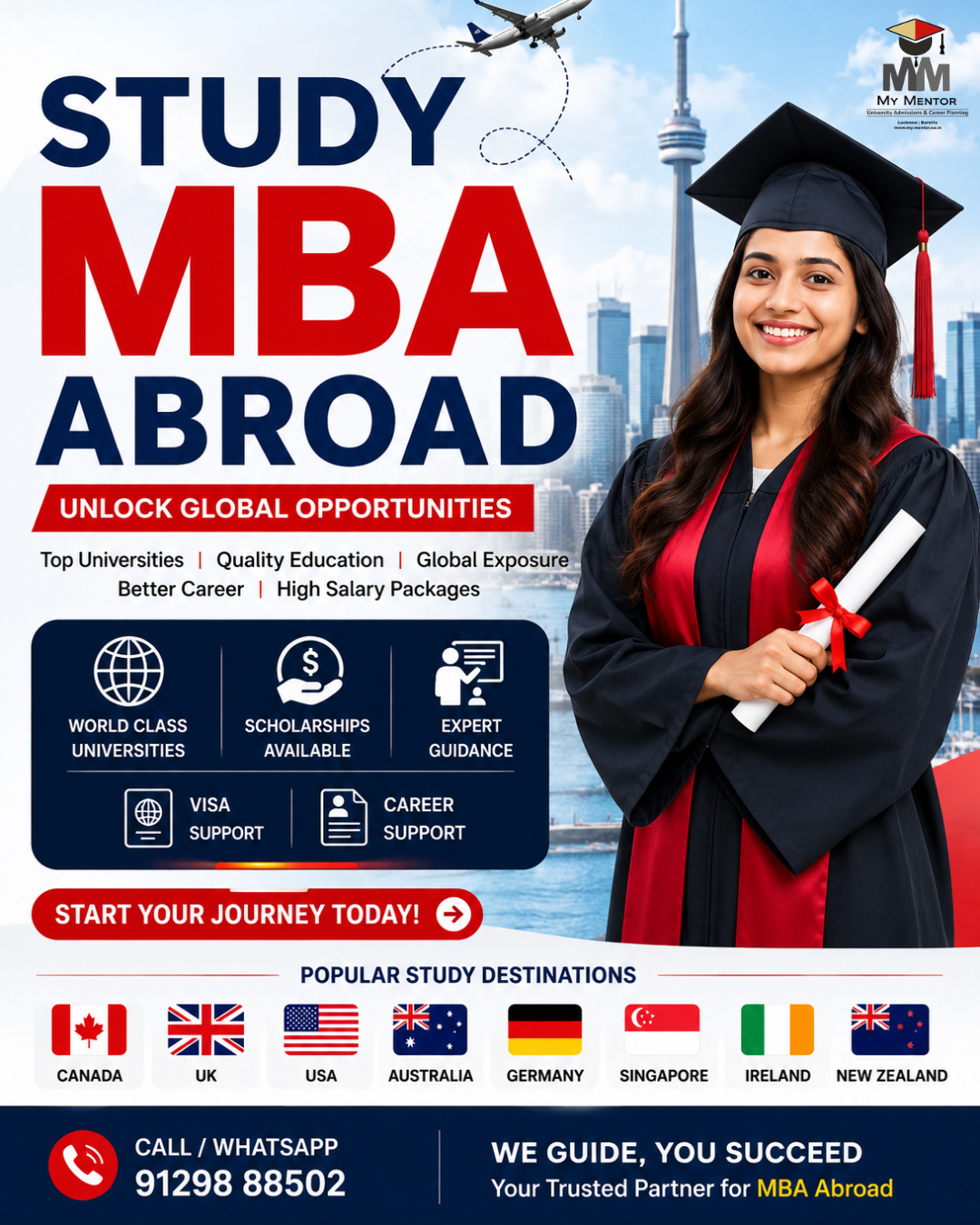 Study MBA Abroad with My Mentor in Lucknow. Expert guidance for admissions, scholarships, visa support, and top universities in Canada, UK, USA, Australia, Germany, Ireland, Singapore, and New Zealand.