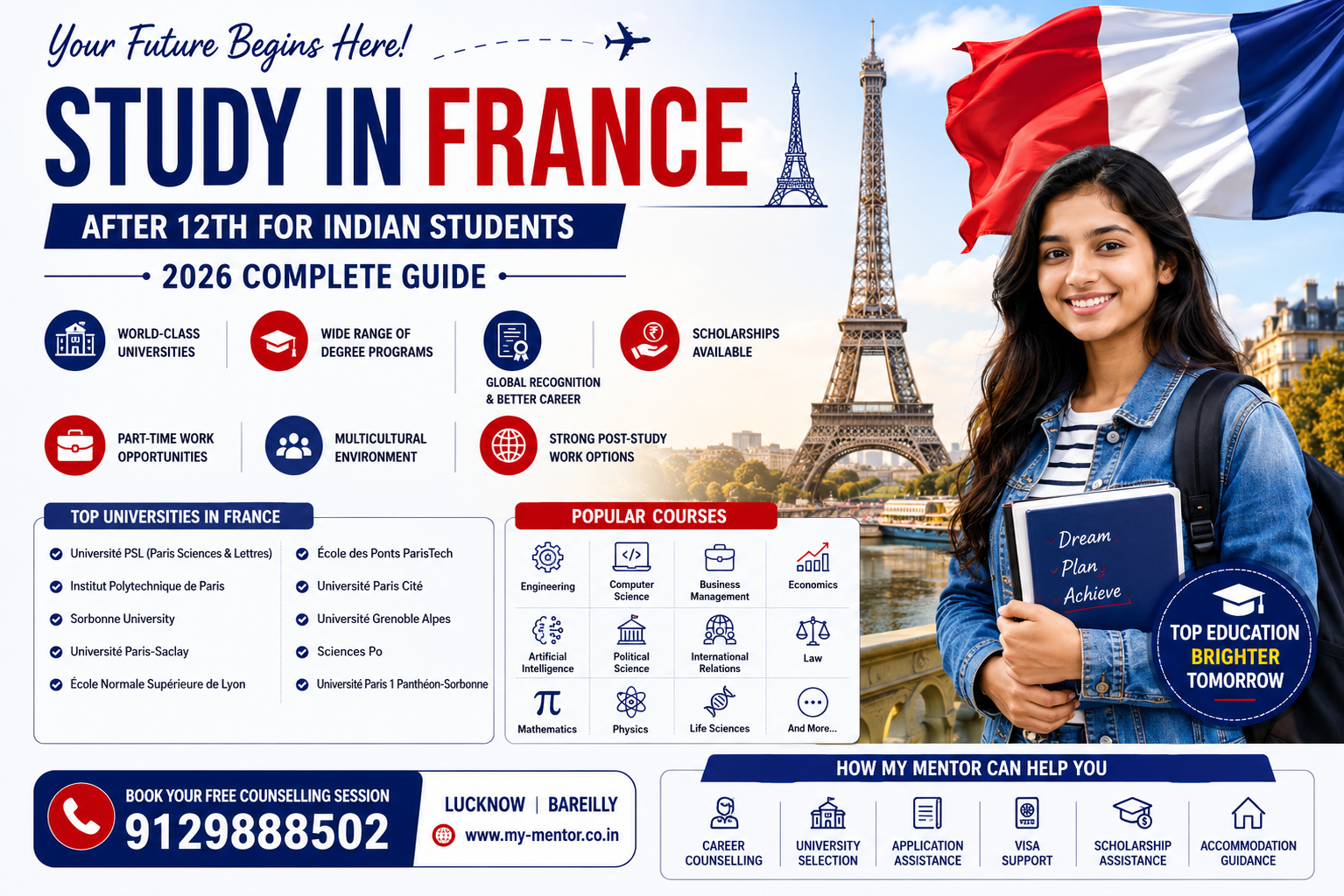 Study in France for Indian Students 2026 featuring top French universities, popular courses, career opportunities, scholarships, and study abroad guidance by My Mentor