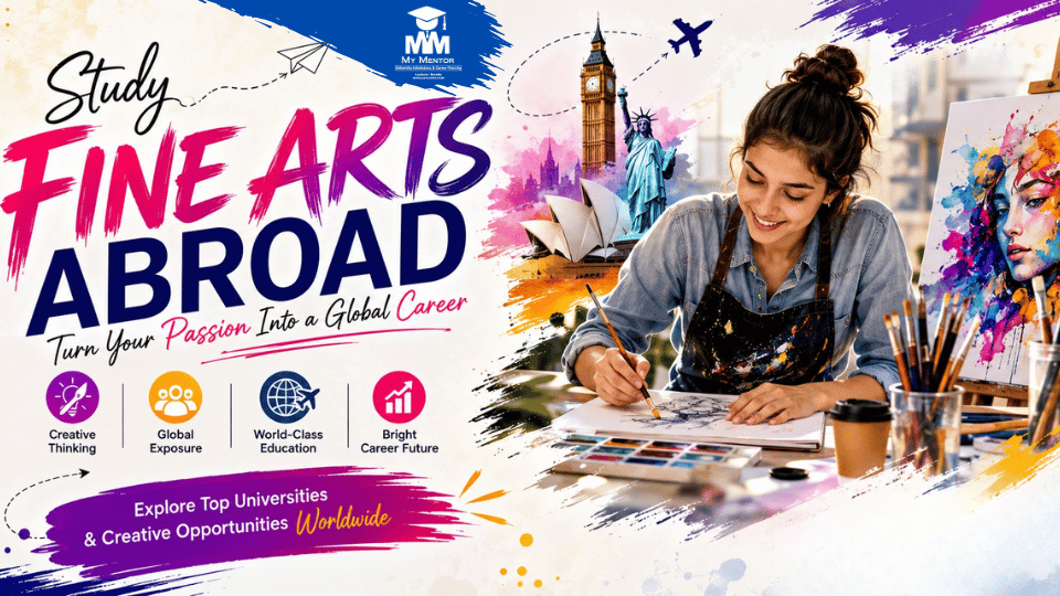 Student studying Fine Arts abroad with My Mentor, best Fine Arts abroad consultant in Lucknow offering guidance for international Fine Arts programs, portfolio preparation, admissions, scholarships, and visa support.