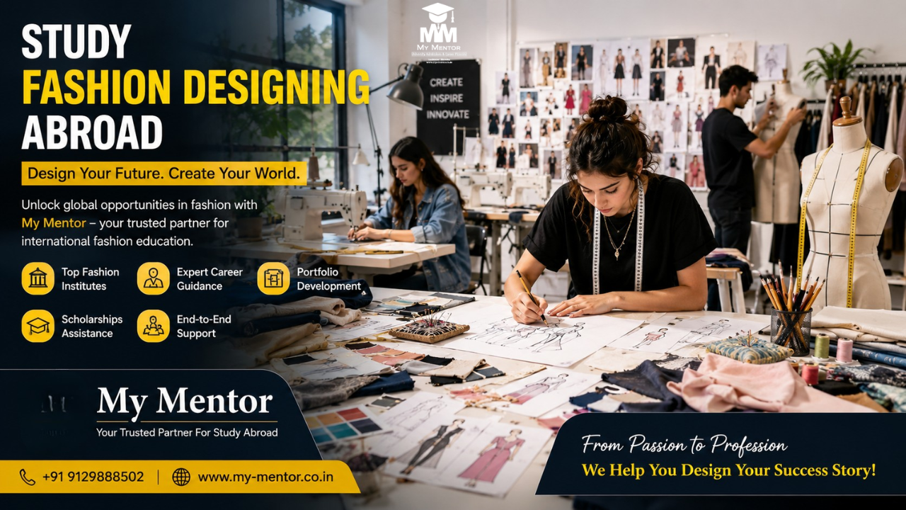 Fashion Designing Abroad students working in a professional fashion studio with My Mentor study abroad guidance for international fashion education.