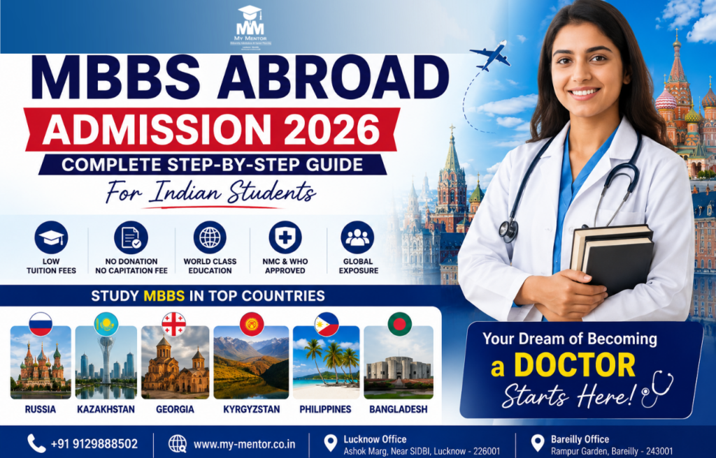 MBBS Abroad Admission 2026 guide for Indian students featuring top countries including Russia, Kazakhstan, Georgia, Kyrgyzstan, Philippines, and Bangladesh