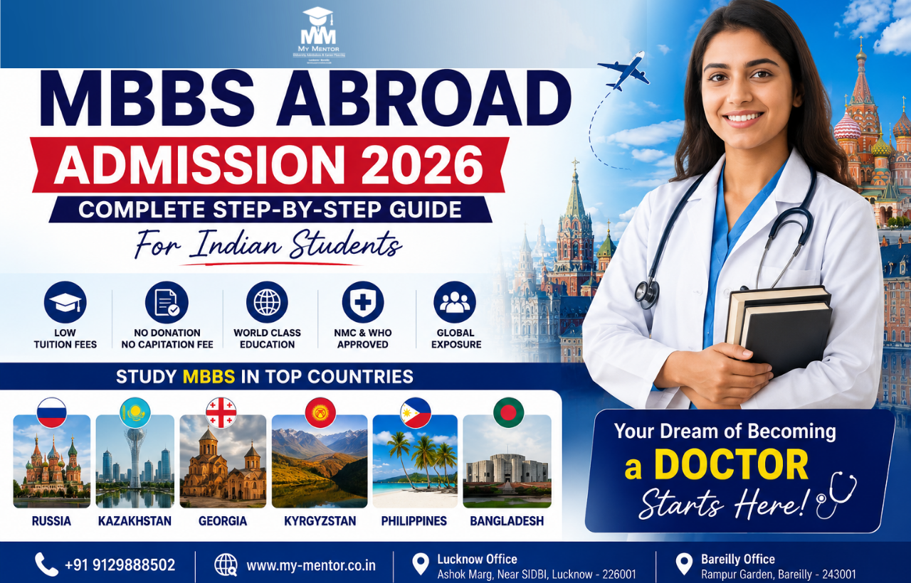 MBBS Abroad Admission 2026 guide for Indian students featuring top countries including Russia, Kazakhstan, Georgia, Kyrgyzstan, Philippines, and Bangladesh