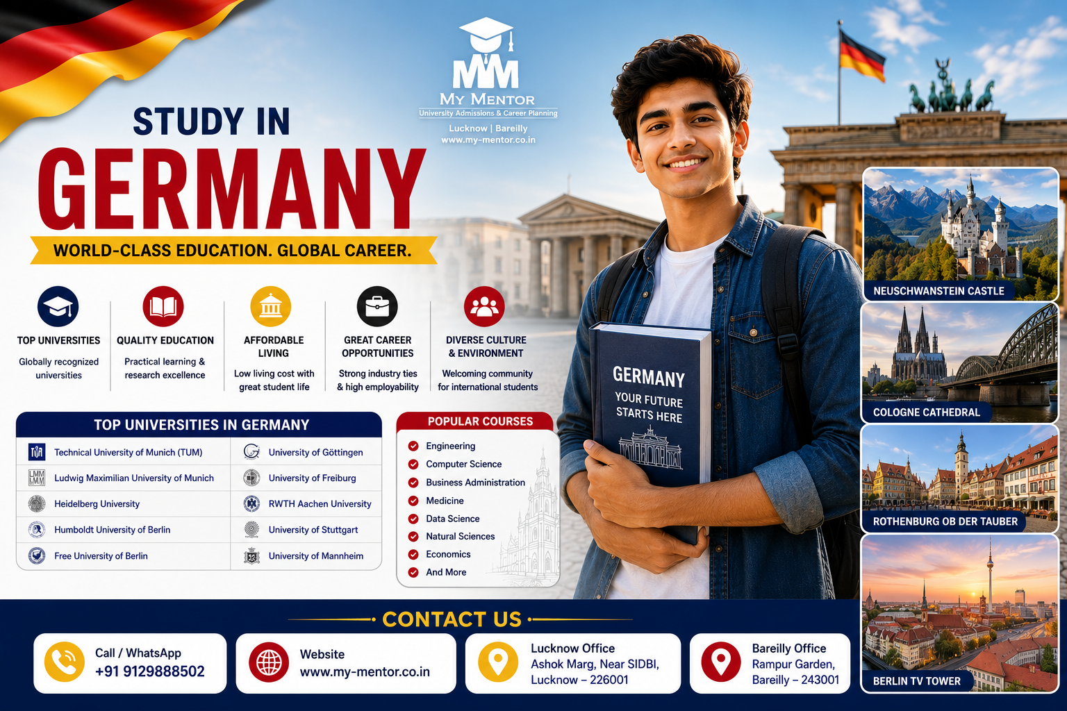 Indian student holding books with top Germany universities and famous landmarks, promoting Study in Germany for Indian Students 2026 with My Mentor study abroad consultancy.