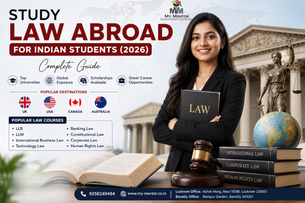 Study Law Abroad for Indian Students 2026 guide featuring international law courses, scholarships, top universities, and global legal career opportunities