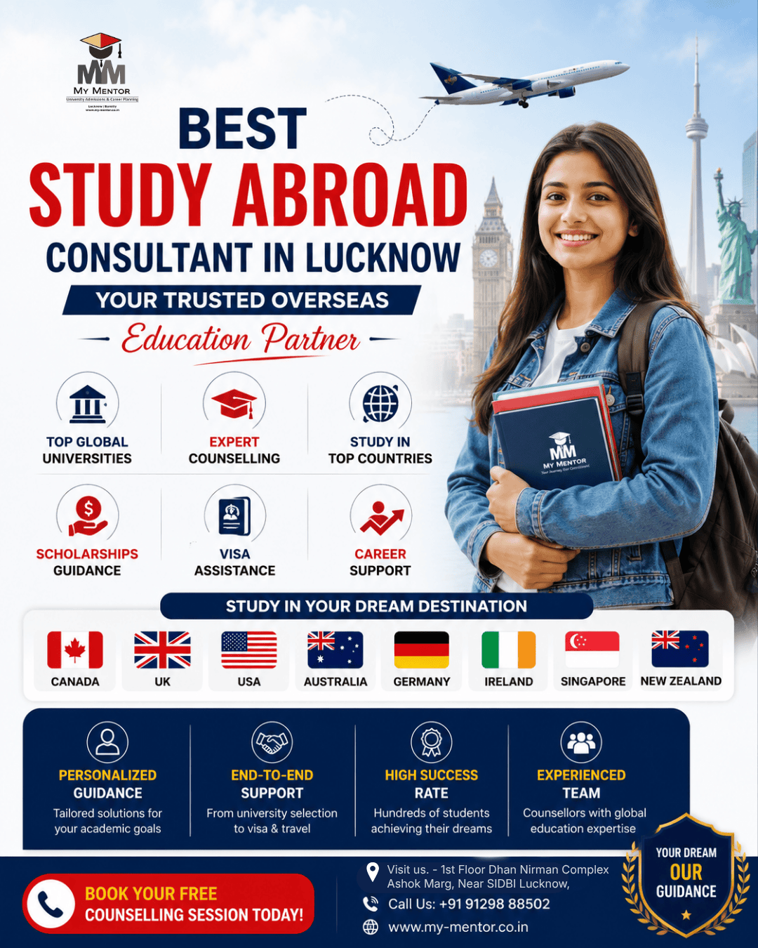 Best Study Abroad Consultant in Lucknow helping Indian students study abroad in Canada, UK, USA, Australia, Germany, Singapore, Ireland and New Zealand with expert admission, visa and scholarship guidance.