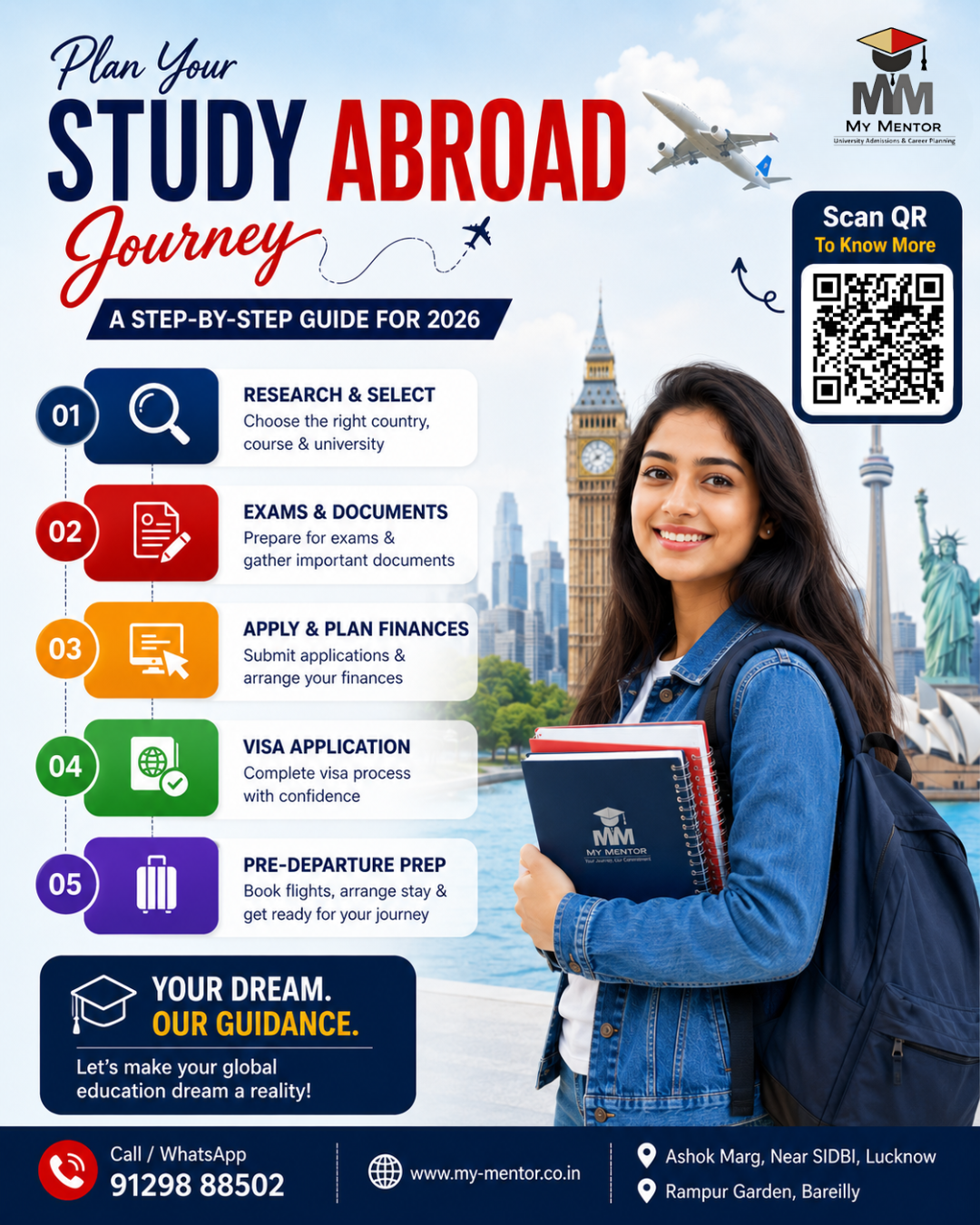 Step-by-step guide to planning your study abroad journey in 2026 with My Mentor, including university selection, IELTS, visa process, and admission support.