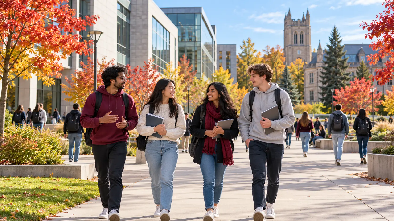 Students walking through a Canadian college campus in autumn