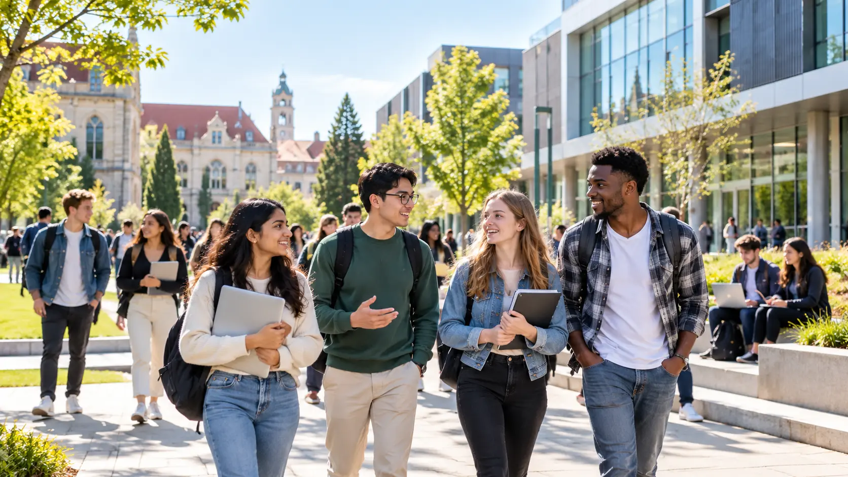 Multicultural students on a European university campus