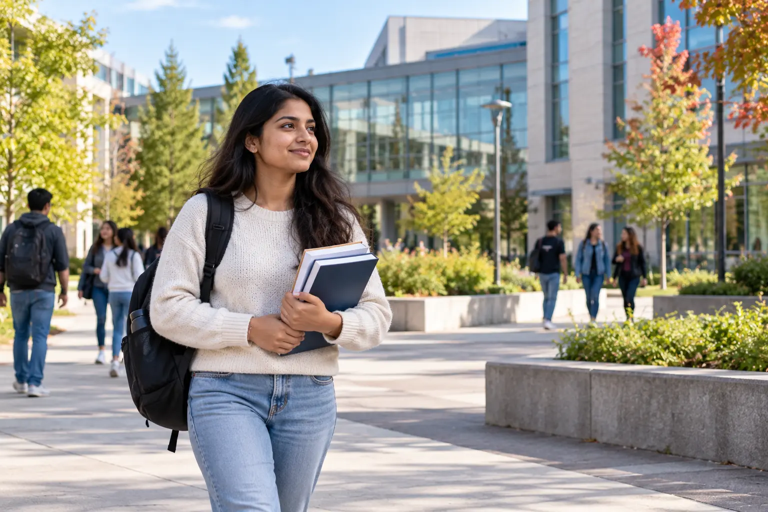 Student walking through a Canadian university campus