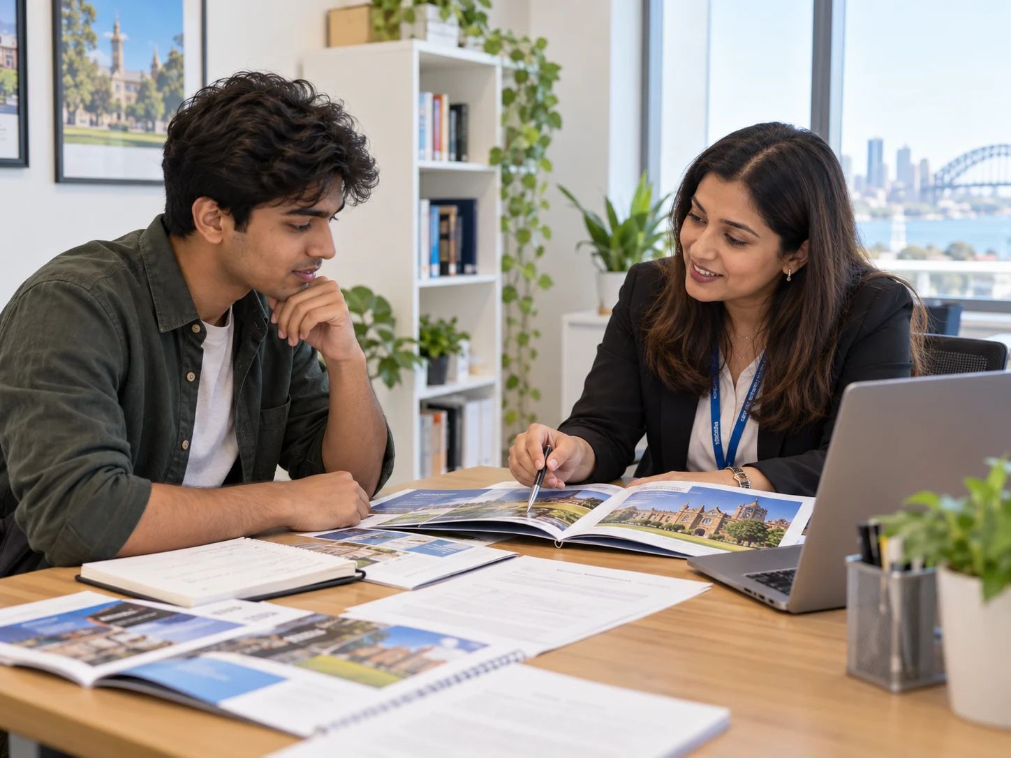 Student and advisor consultation at a modern office for studying in Australia