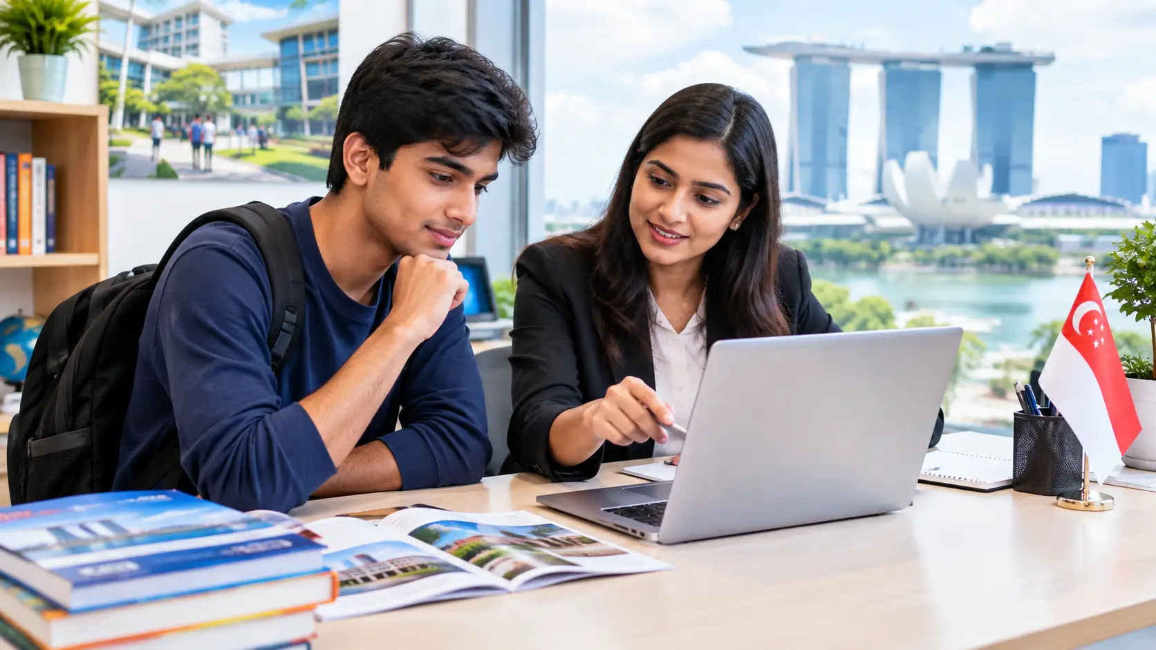 Student comparing Singapore university courses with an education consultant (1)
