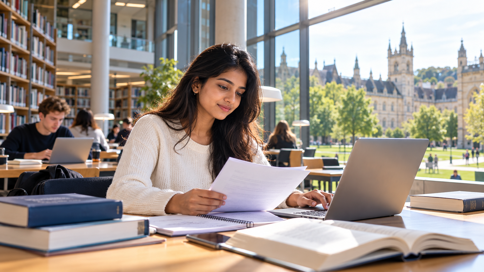 Student studying in a sunlit library while exploring scholarships for Europe