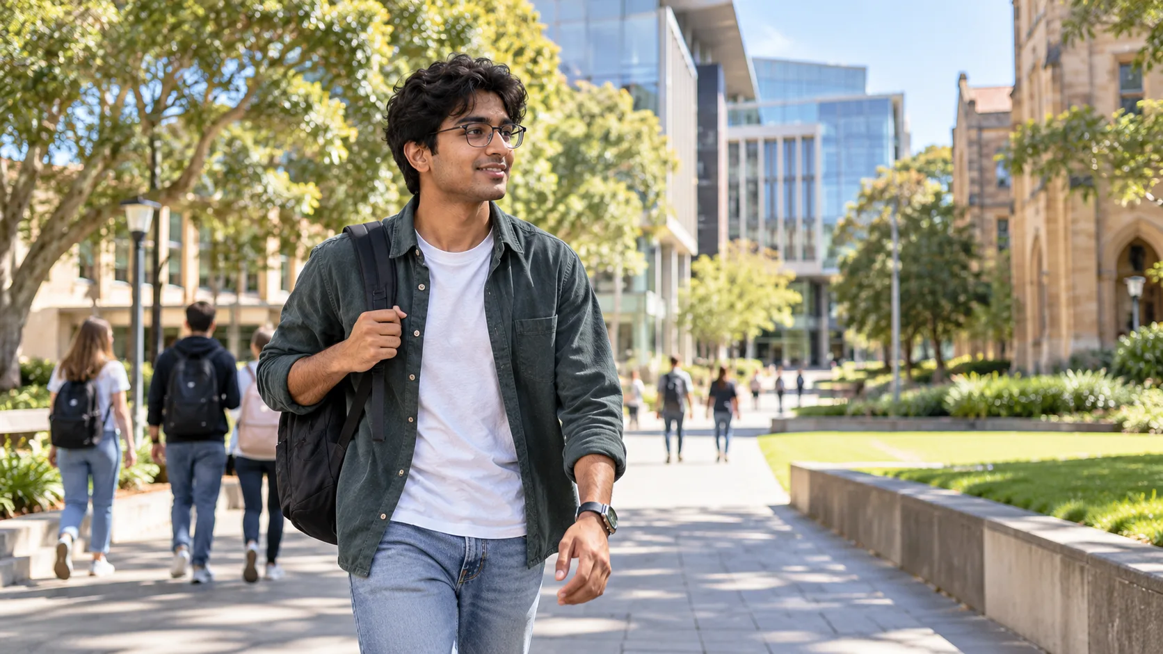 Student walking on a sunny campus with a backpack
